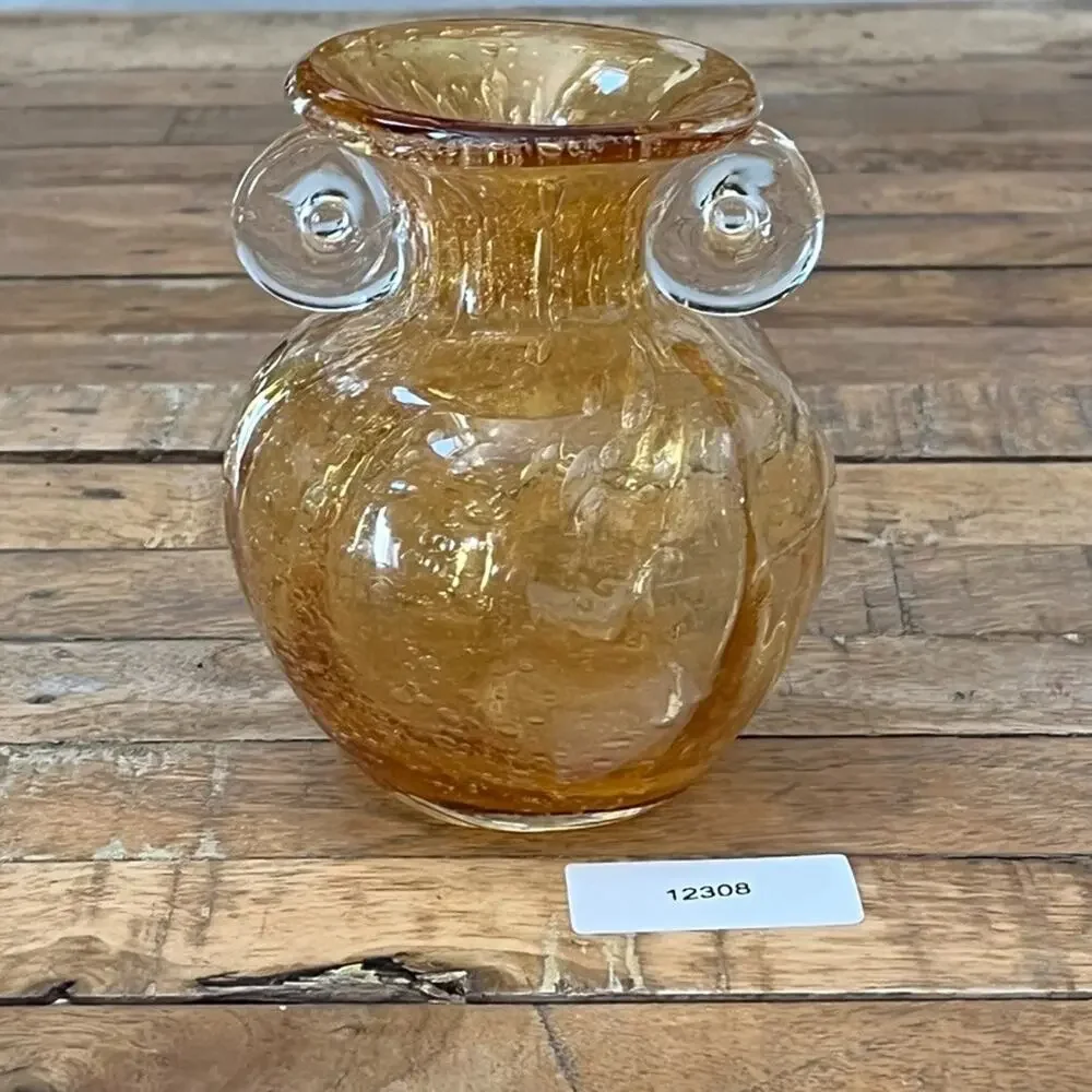 Vintage Hand Blown Glass Vase 5.5 in Amber Yellow Bubble Design w Scroll Handles